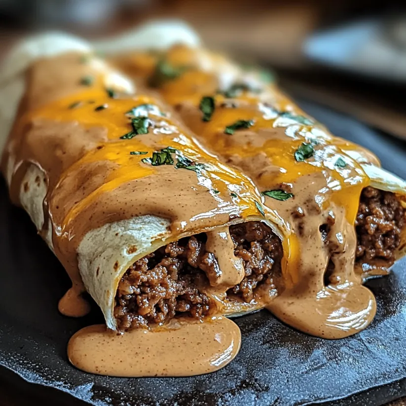 Ein köstlicher Hackfleisch-Käse-Wrap mit cremiger Soße.