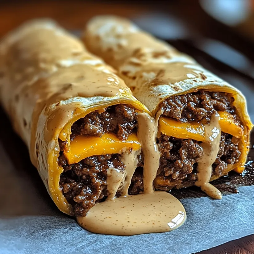Ein käsiger Hackfleisch-Wrap mit cremiger Soße.
