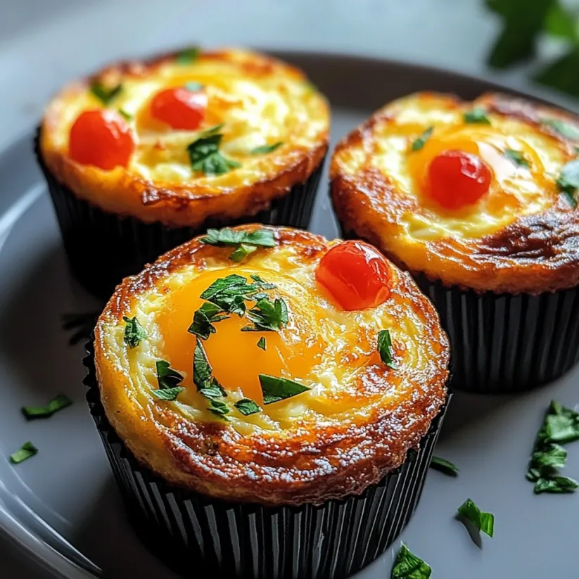 Drei fluffige Hüttenkäse-Eiermuffins auf einem Teller.