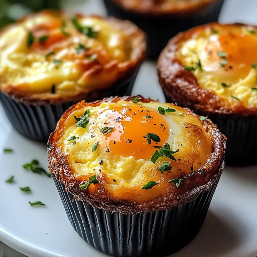 Drei fluffige Hüttenkäse-Eiermuffins auf einem Teller.