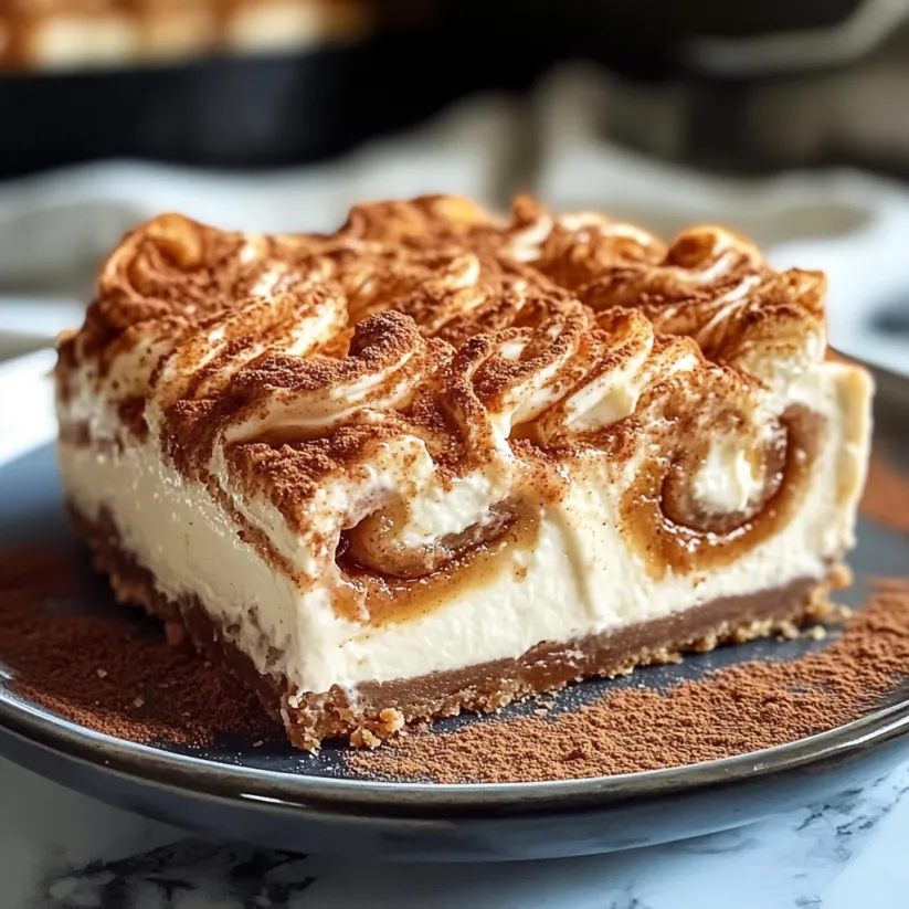 Ein Stück Zimtschnecken-Cheesecake auf einem Teller.