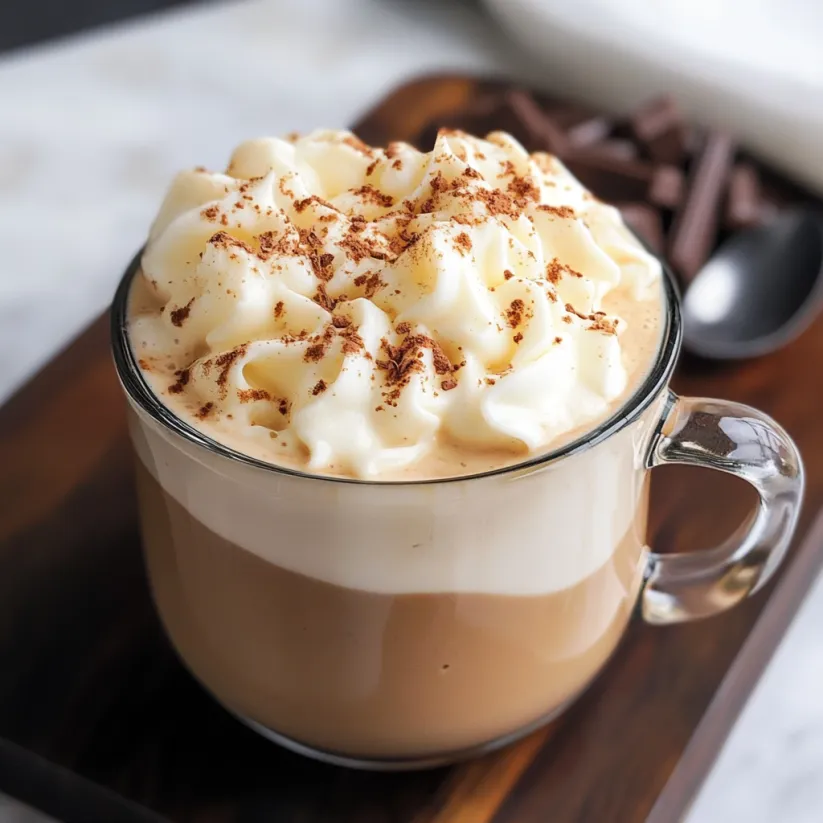 Eine Tasse White Chocolate Mocha mit Sahnehaube.