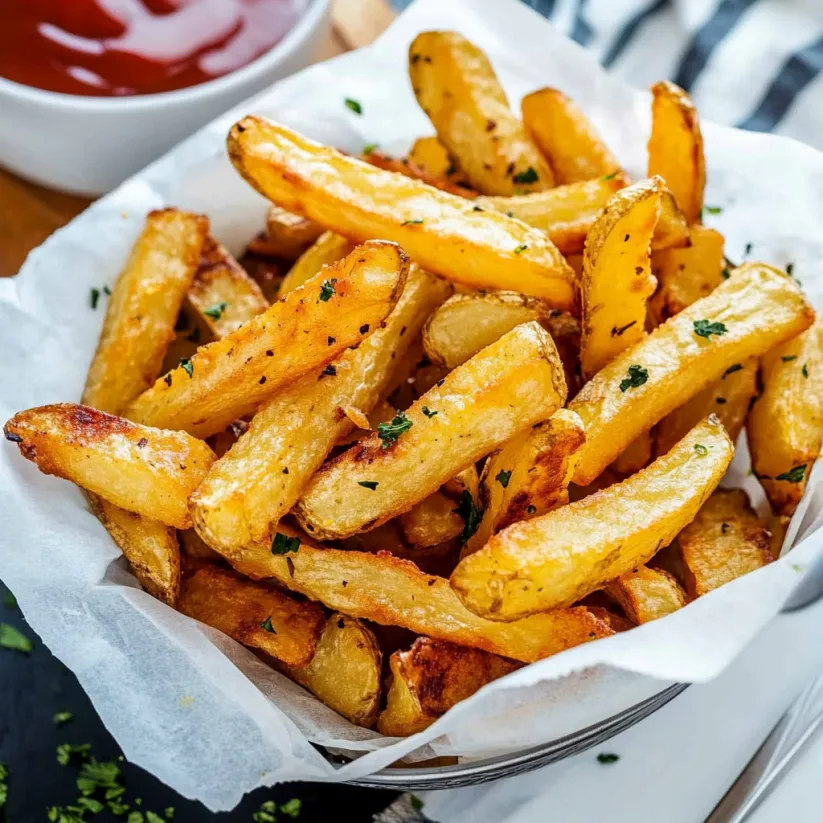 Ein Korb voll Pommes neben Ketchup.