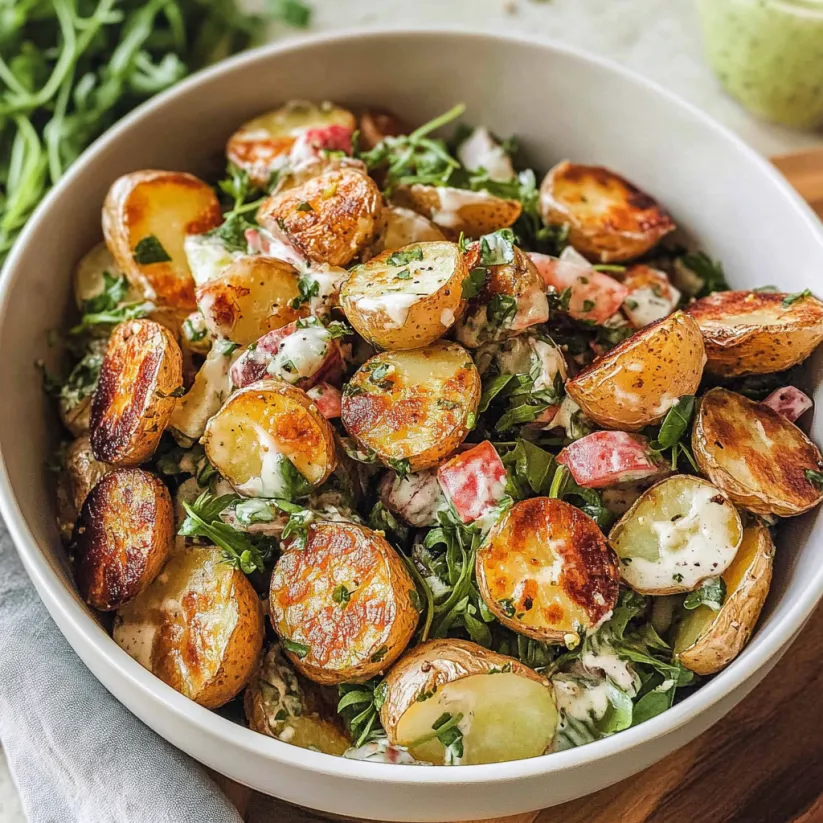 Schüssel mit Ofenkartoffelsalat.