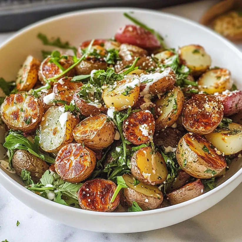 Eine Schüssel mit gerösteten Kartoffeln und Salatgrün.