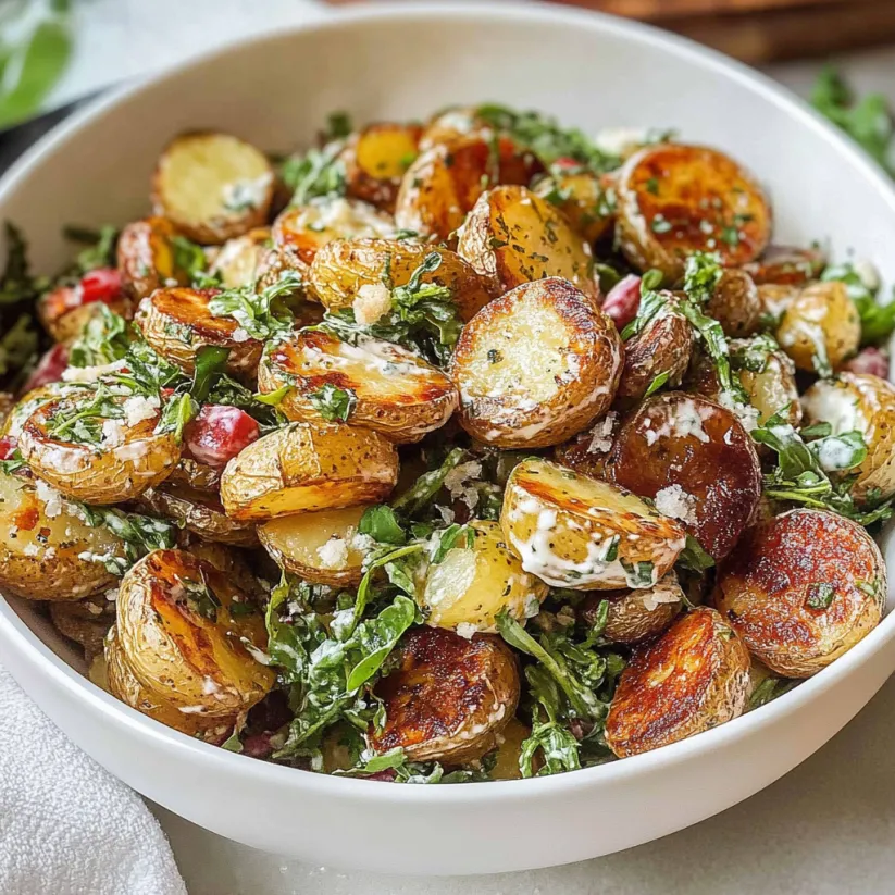 Eine Schüssel mit knusprigem Ofenkartoffel-Salat.