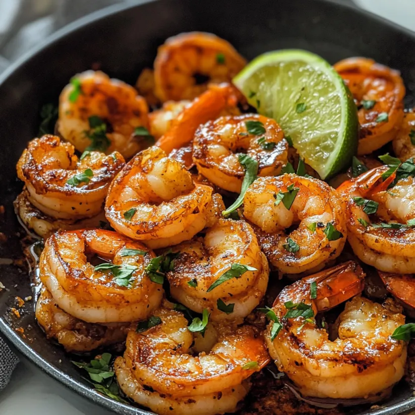 Eine Pfanne mit Garnelen, Limetten und Tequila.