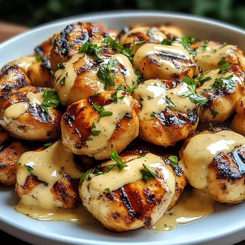 Gegrillte Hähnchenstücke mit cremiger Knoblauchsoße.