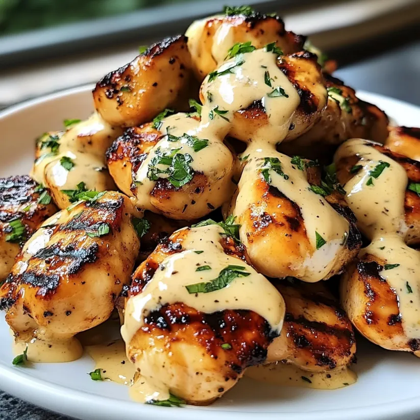 Ein Teller mit gegrillten Hähnchenstücken und cremiger Knoblauchsoße.