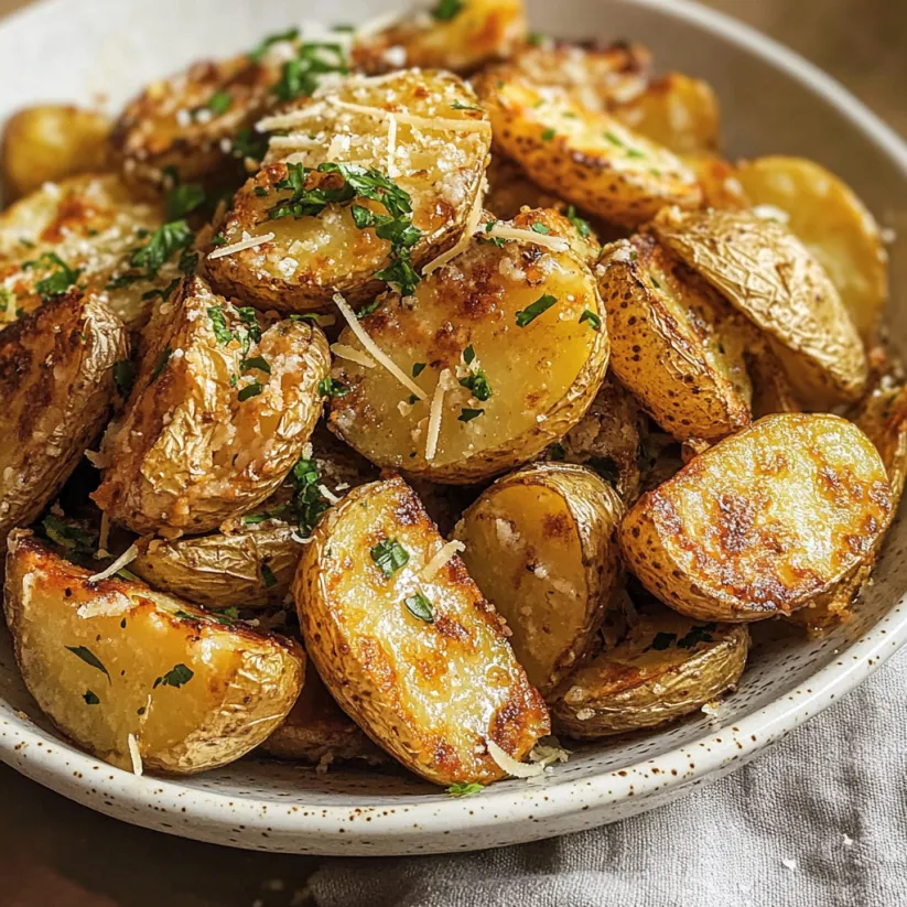 Eine Schale mit Airfryer-Parmesankartoffeln.