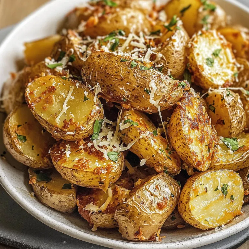 Eine Schüssel Airfryer-Parmesankartoffeln.