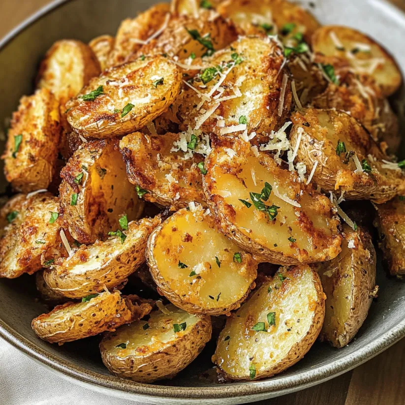 Eine Schale voll mit knusprigen Airfryer Parmesan Kartoffeln.