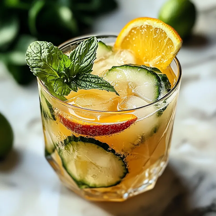 Ein Glas erfrischender Frühlingsdrink mit Gurken- und Orangenscheiben.