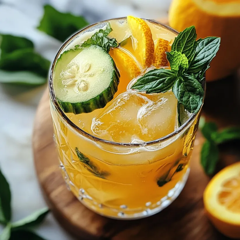 Ein Glas erfrischender Frühlingsdrink mit Gurken- und Orangenscheiben.