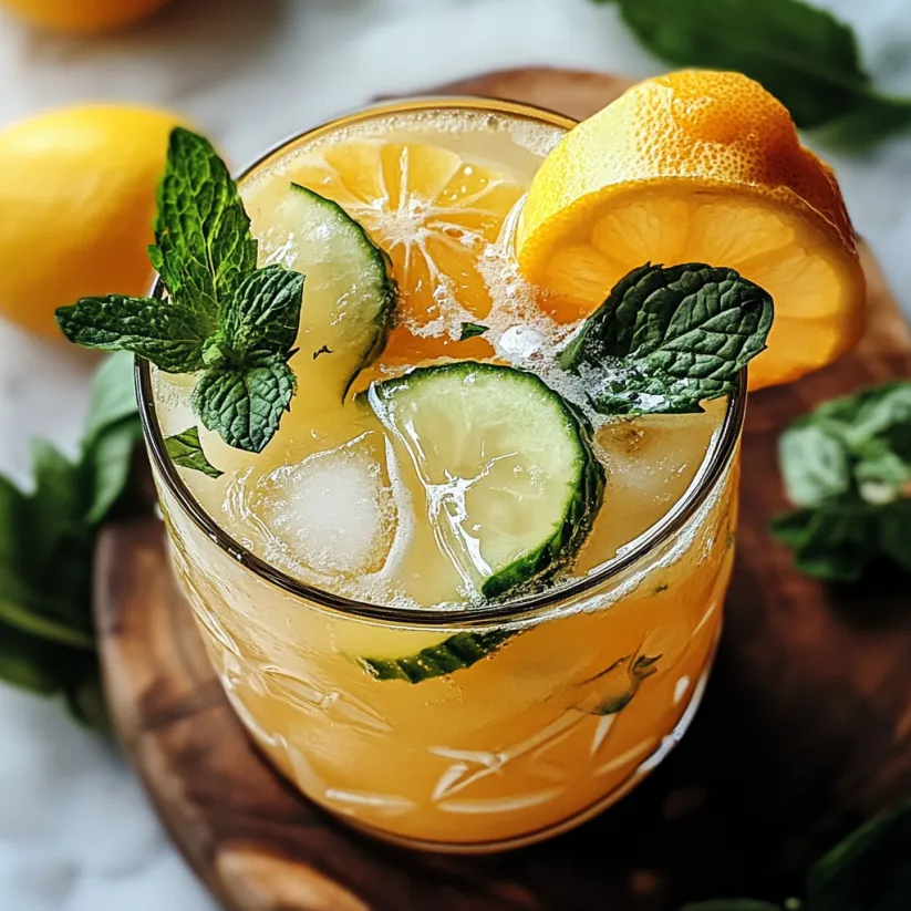 Ein Glas mit prickelndem Frühlingsdrink aus Zitrone, Gurke und Minze.