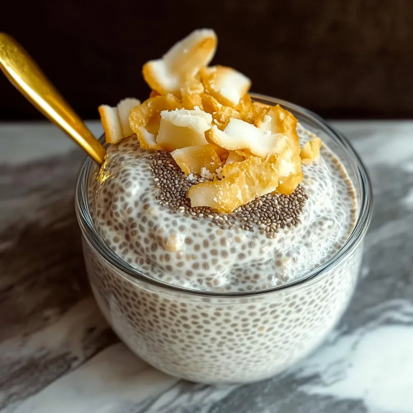 Eine Schale mit cremigem Kokos-Chia-Dessert und einem Löffel darin.