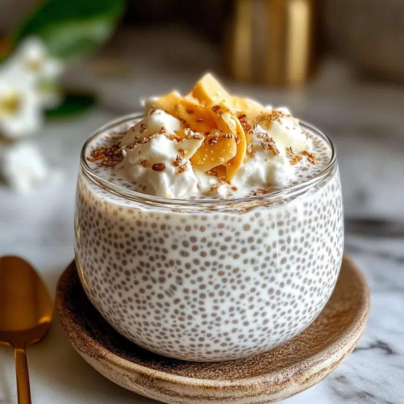 Eine Schale mit cremigem Kokos-Chia-Dessert und einem Löffel darin.