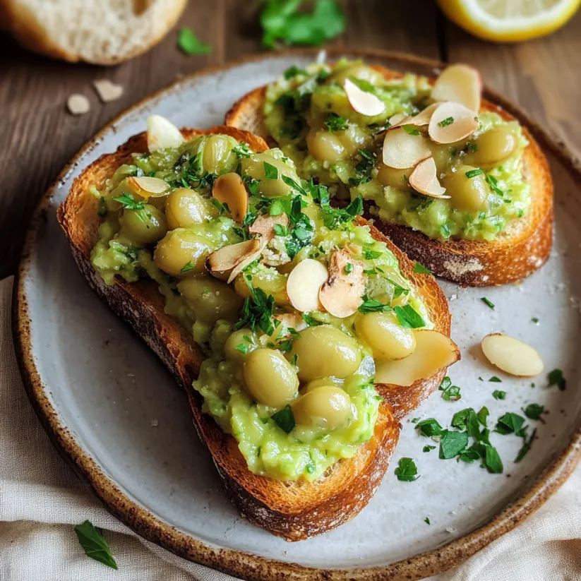 Zwei Scheiben Brot mit dicken Bohnen und Mandeln oben drauf.