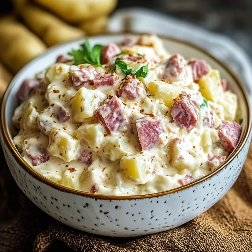 Eine Schale voll Kartoffelsalat mit Corned Beef.