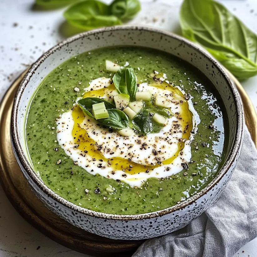 Eine Schüssel Suppe mit grünen Blättern und Löffel.