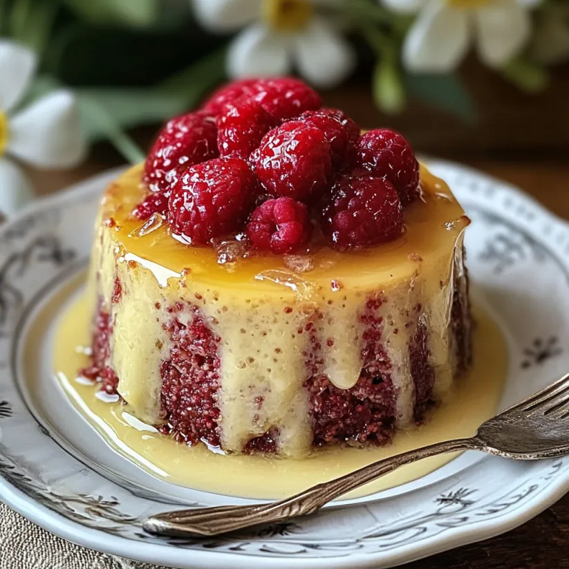 Ein Stück englischer Rhabarberpudding mit Himbeeren drauf.