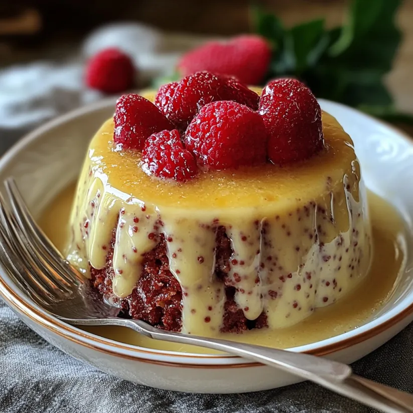 Ein Stück englischer Spring Pudding mit Erdbeeren oben drauf.