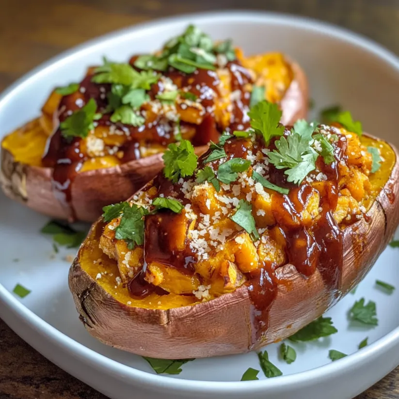 Drei Süßkartoffeln mit BBQ-Soße und Frühlingszwiebeln.