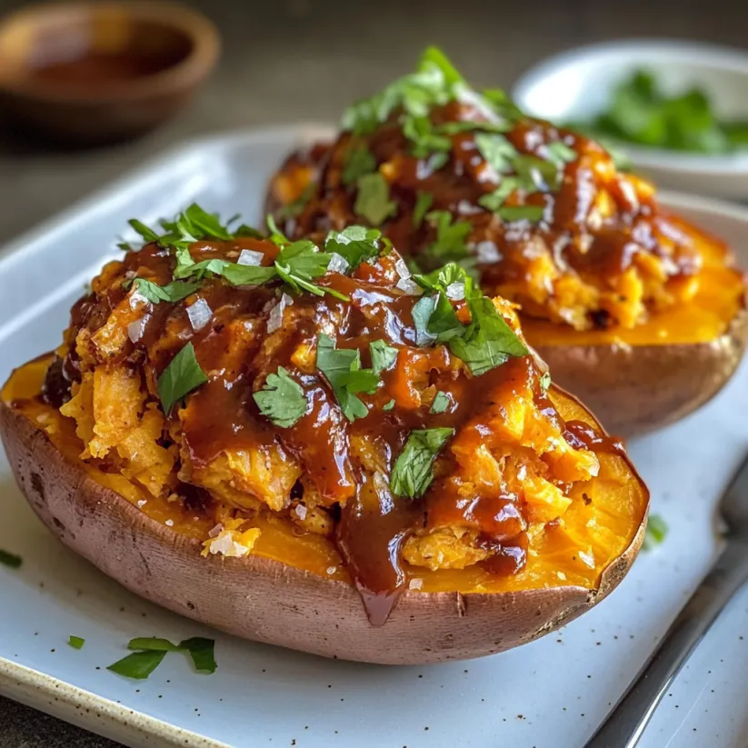 Zwei Süßkartoffeln mit BBQ-Soße und grüner Garnitur.