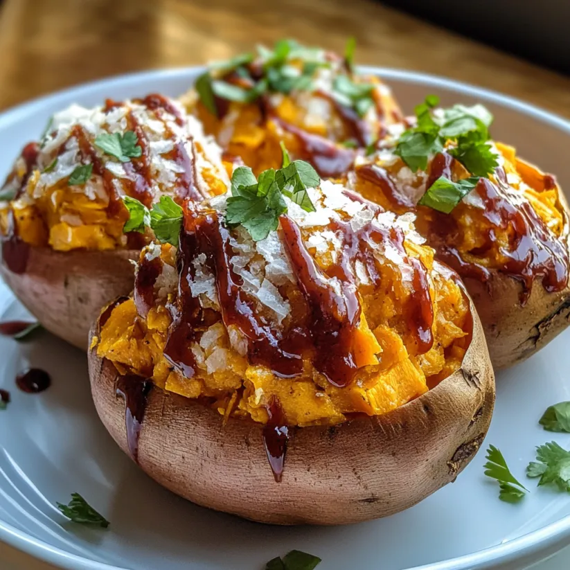 Drei Süsskartoffeln mit BBQ-Soße und verschiedenen Toppings