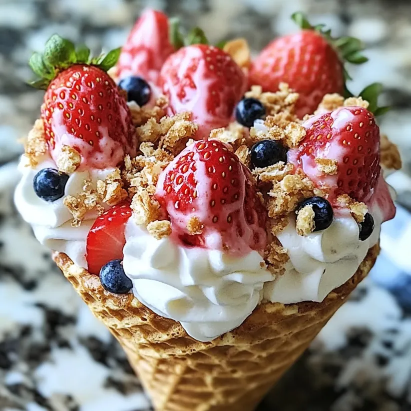 Ein Erdbeer-Crunch-Cheesecake-Hörnchen mit Erdbeeren und Blaubeeren oben drauf.