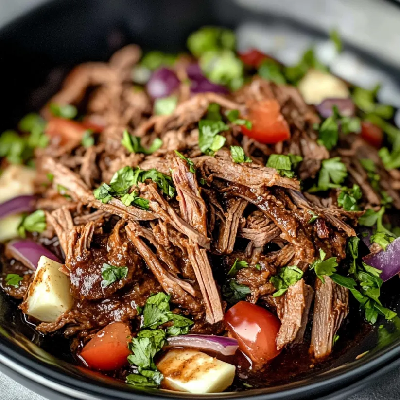 Eine Portion Chipotle Barbacoa mit Tomaten, Zwiebeln und Koriander.