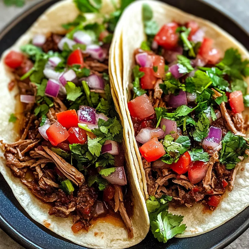 Zwei Chipotle Barbacoa Tacos mit Tomaten und Zwiebeln.