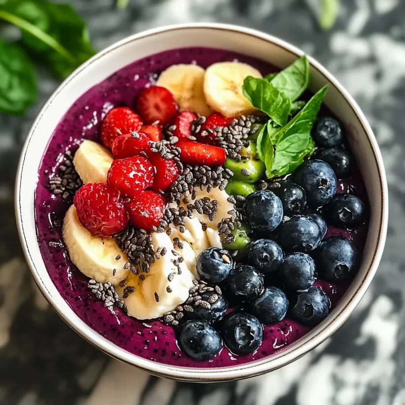 Eine Schale Acai-Beeren mit Bananen, Erdbeeren und Blaubeeren.
