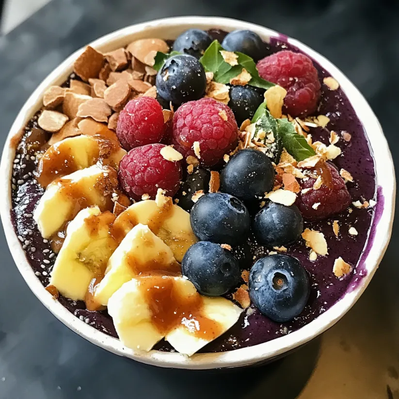 Eine leckere Acai Bowl mit Bananen, Blaubeeren und Nüssen.