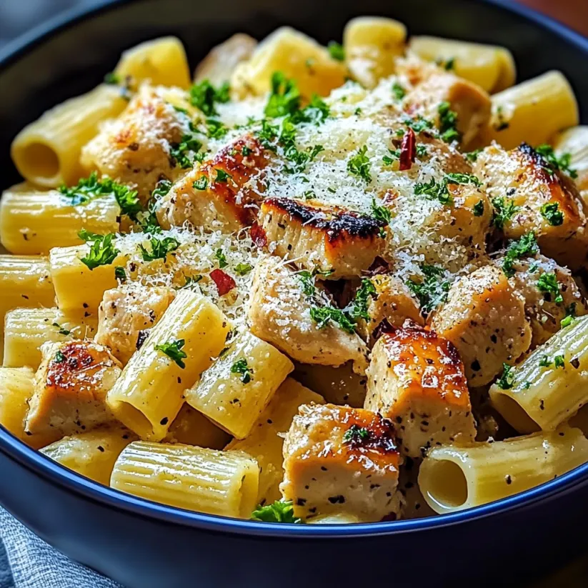 Eine Schale Pasta mit Hähnchen und Käse.