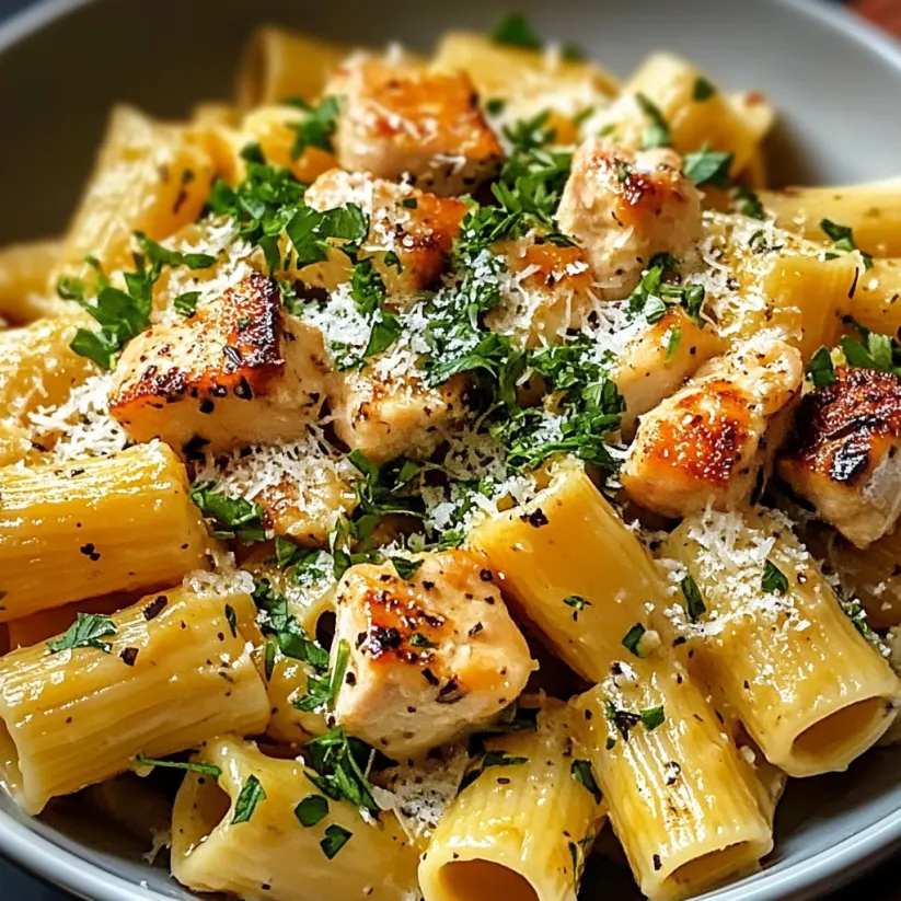 Eine Schale Pasta mit Hähnchen und Käse.
