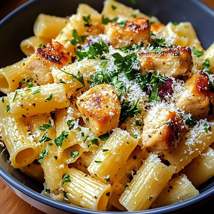 Schüssel mit Pasta, Hähnchen und Käse.