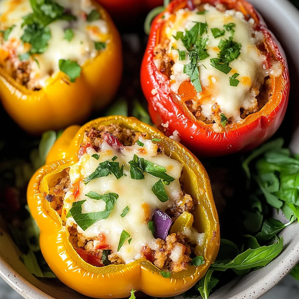 Eine Schale mit gefüllten Paprika, Käse und Fleisch.