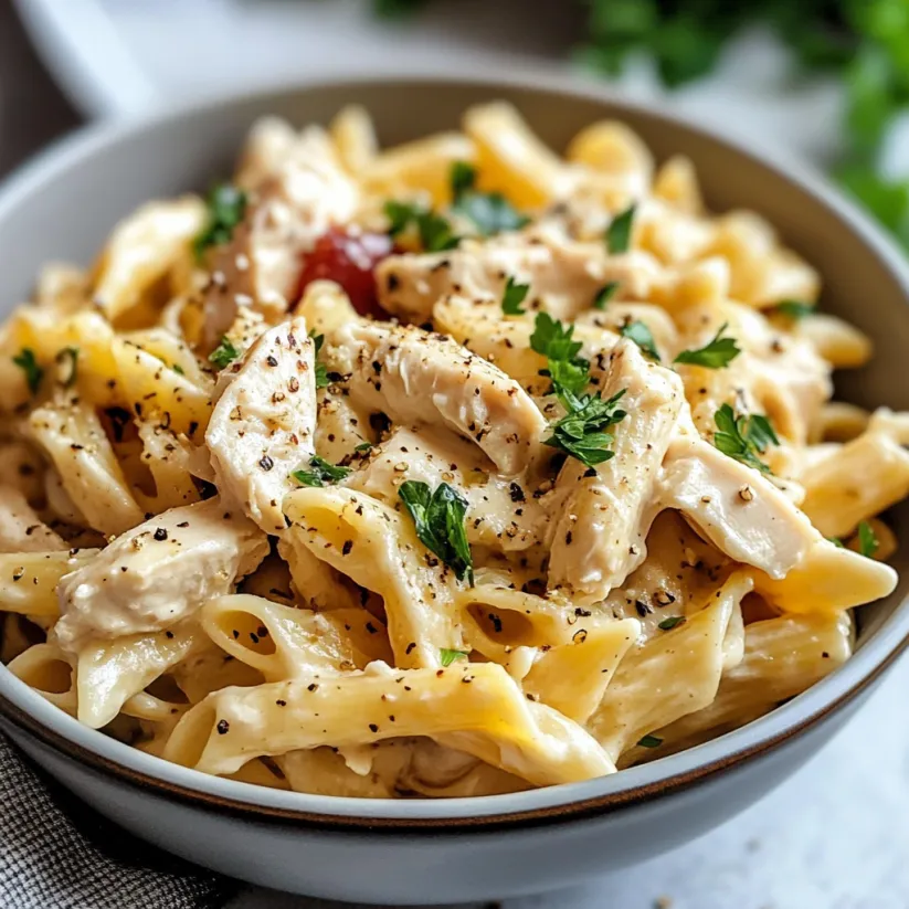 Eine Schale Pasta mit Hähnchen und Tomaten.