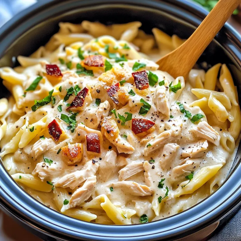 Eine Schale Pasta mit Hähnchen und Gemüse.
