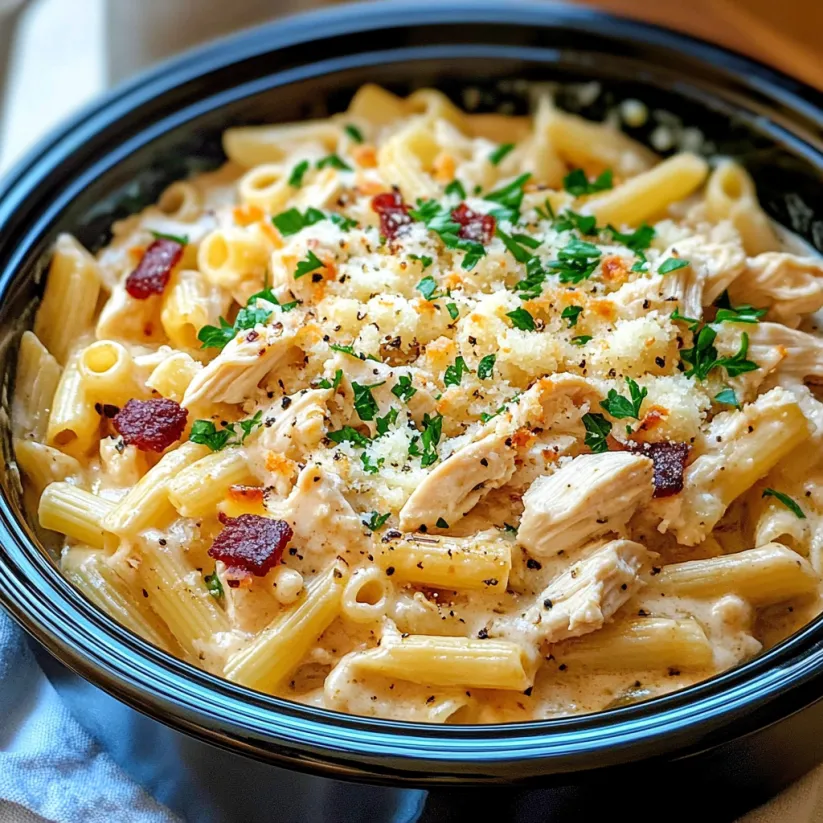 Eine Schale mit Pasta, Hähnchen und Käse.
