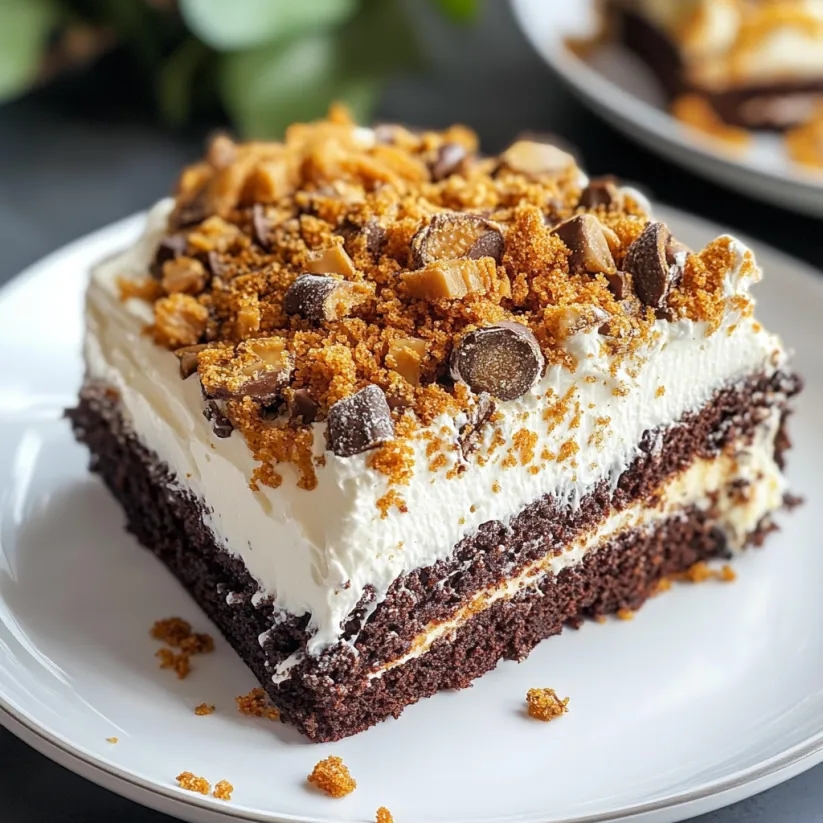Ein Stück Kuchen mit Schoko- und Erdnuss-Frosting.