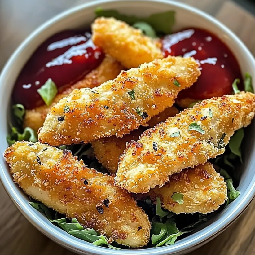 Eine Schüssel mit Hähnchenstreifen und Ketchup.