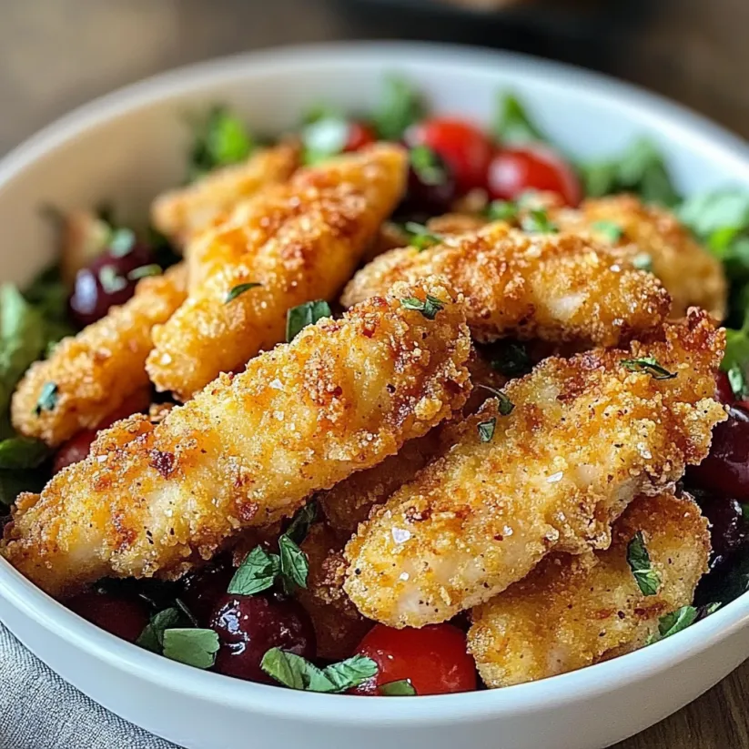 Eine Schüssel Hähnchenstreifen mit Tomaten und Kräutern.