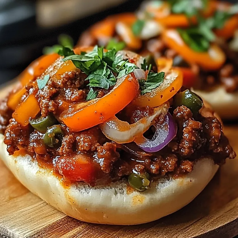 Ein Sloppy Joe Sandwich mit Zwiebeln und Paprika.