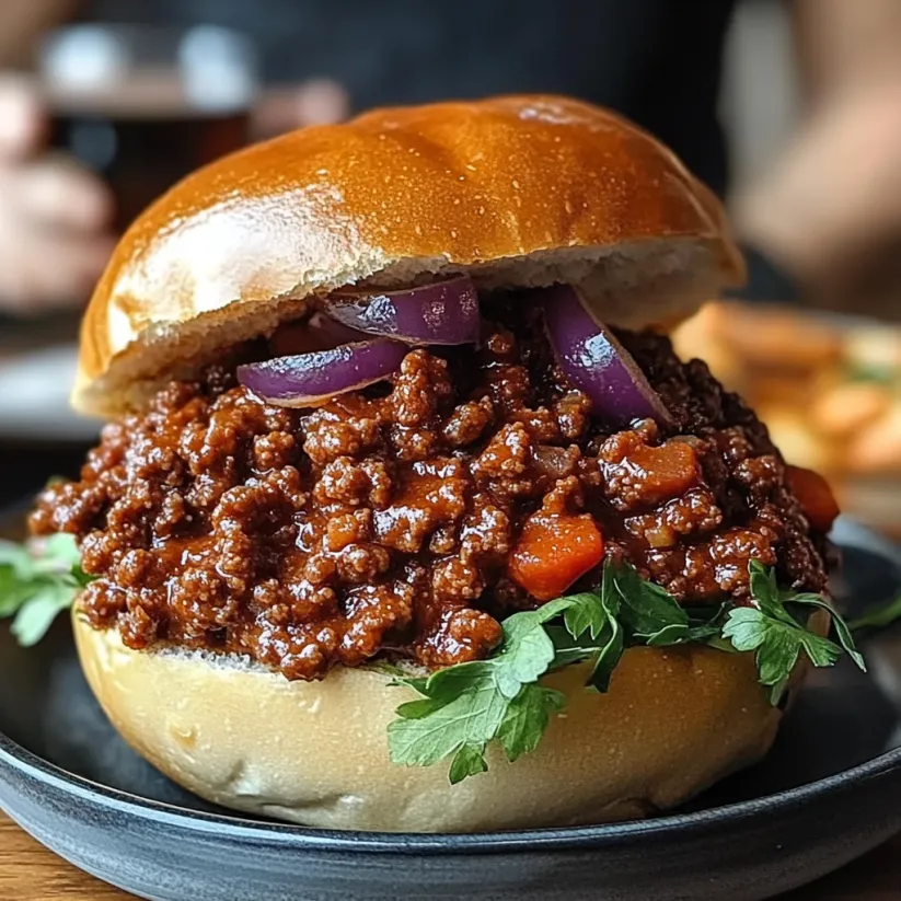 Ein Sloppy Joe Sandwich mit Zwiebeln und Paprika auf einem weichen Bun.