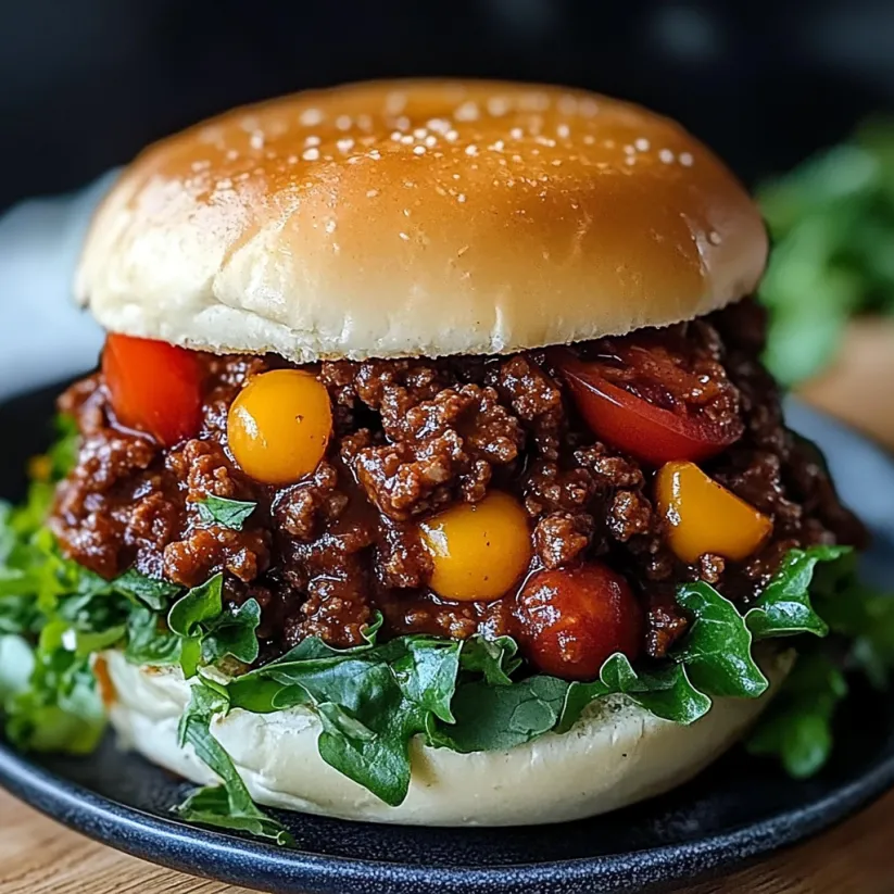 Ein Sloppy Joe Sandwich mit Tomaten und Zwiebeln.
