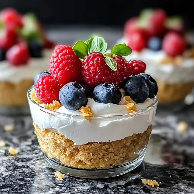 Ein Glas mit Käsekuchenfüllung und frischen Beeren obenauf.