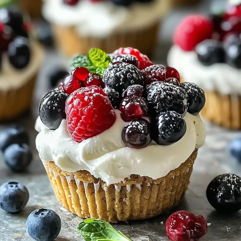 Ein Cupcake mit Beeren und Sahnehäubchen oben drauf.