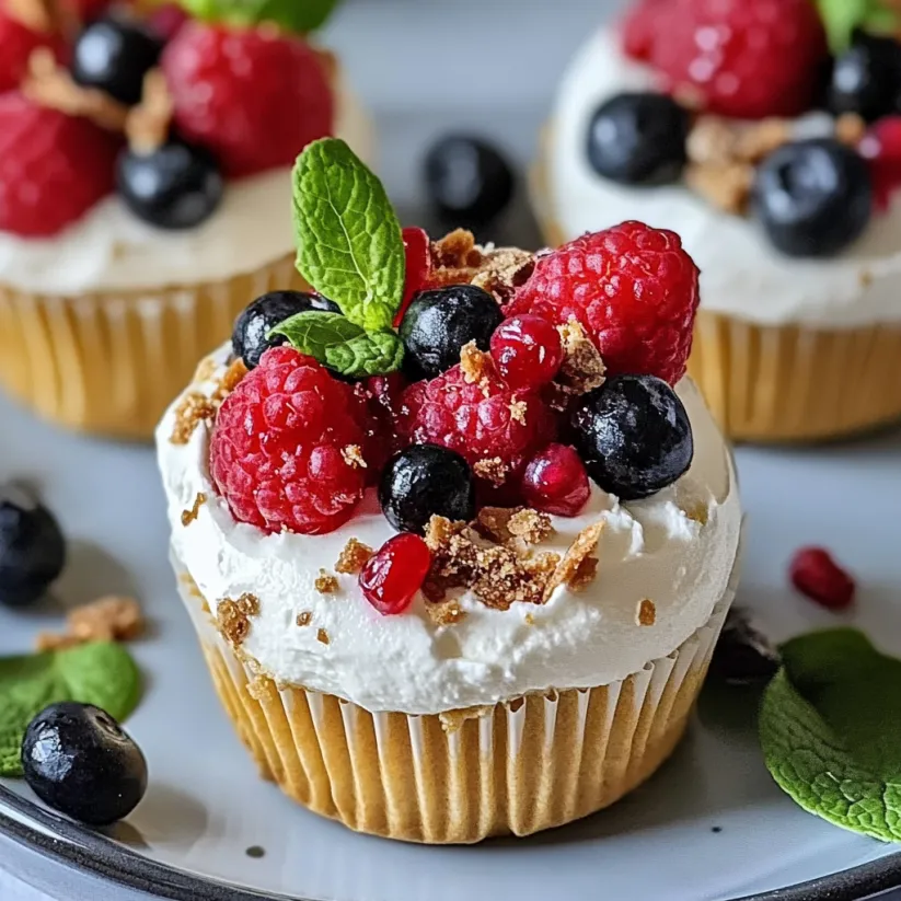 Ein Küchlein getoppt mit Himbeeren und Blaubeeren.